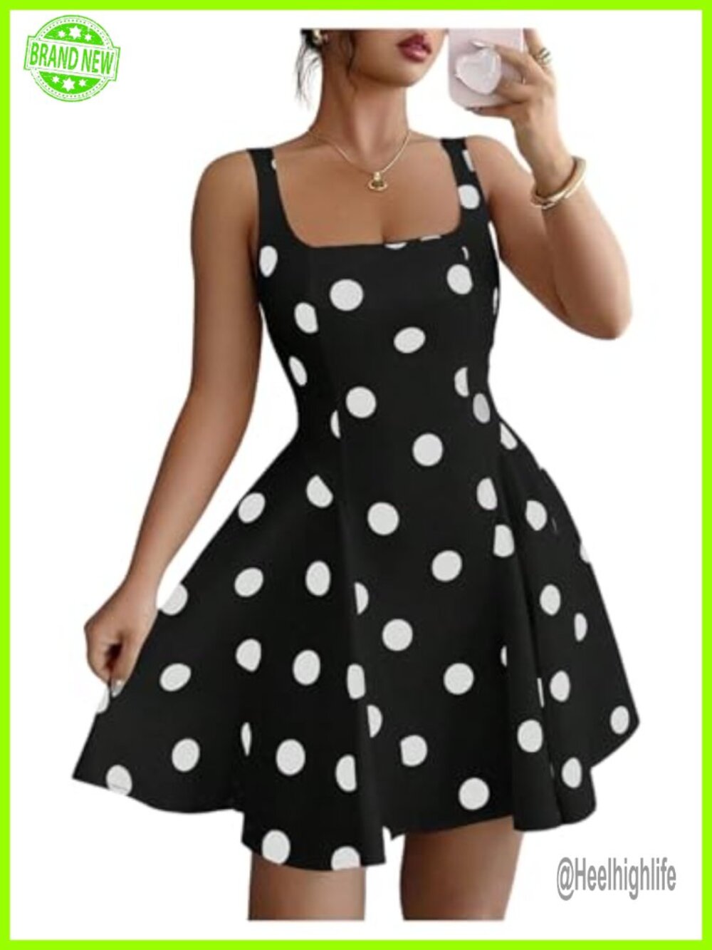 Women's Polka Dots A-Line Mini Dress Square Neck Cami Flared Sleeveless Casual